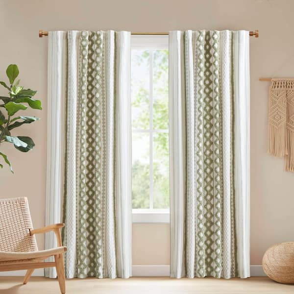 Imani Green Cotton 50 in. W x 108 in. L Printed Light Filtering Curtain Single Panel with Chenille Stripe and Lining