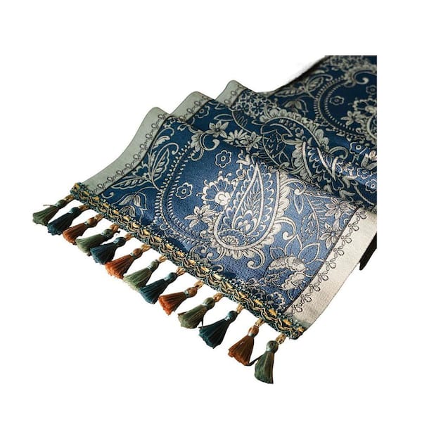 Retro-Luxury 13 in. W x 72 in. L Blue Floral Polyester Table Runner With Tassels