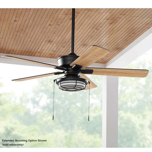 Hampton Bay Norwood 52 in. Indoor/Outdoor LED Matte Black Damp Rated Downrod Ceiling Fan with Light Kit and 5 Reversible Blades