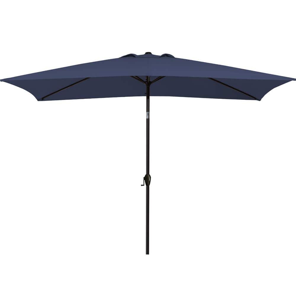 Navy Blue Rectangular Steel Patio Umbrella with Crank Lift