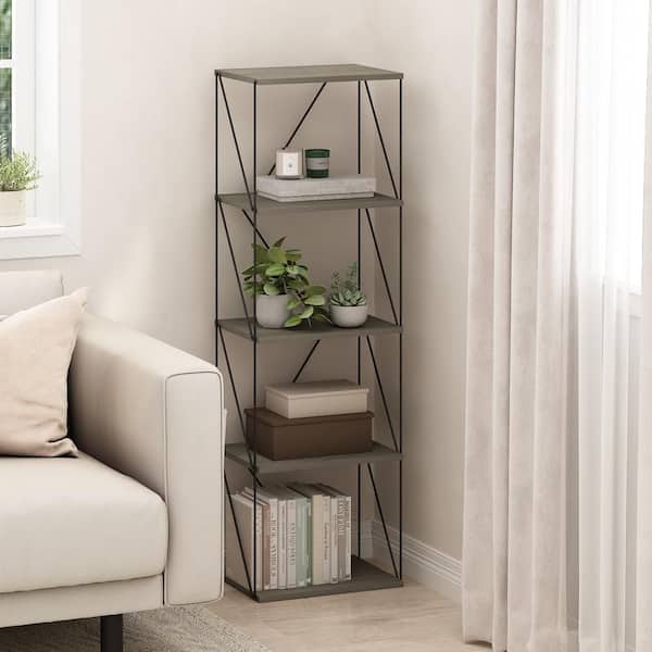 Furinno Rata 51.89 in. Tall French Oak Grey Wood 5-Shelf Flat Base Bookcase with Metal Frame