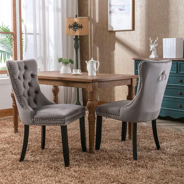 Clihome Modern High-End Gray Tufted Solid Wood Velvet Upholstered Dining Chair with Wood Legs Nailhead Trim Set of 2