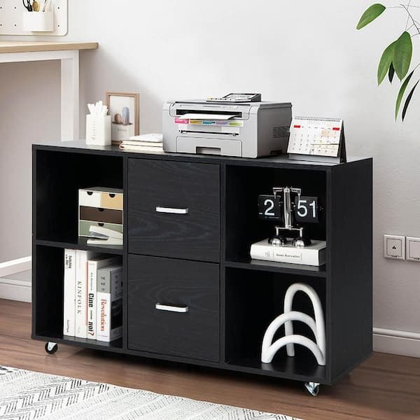 Black Rolling Wood File Cabinet With 2-Large Drawers and 4-Open Compartments Office