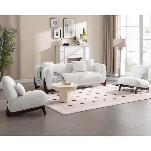 Morden Fort Luxury Cloud Couch 3-Piece White Velvet Sofa and Chair with Solid Wood Leg Living Room Set for Apartment