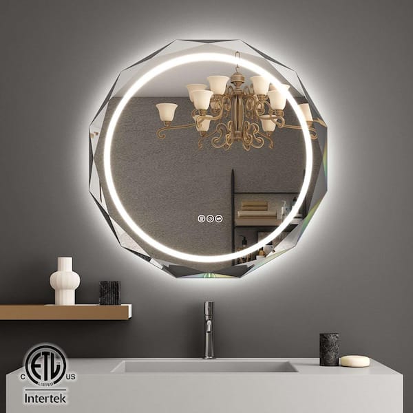 TOOLKISS 30 in. W x 30 in. H Round Frameless LED Light Anti-Fog Wall Bathroom Vanity Mirror with Front Light