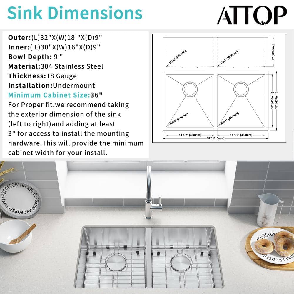 32" Stainless Steel Double Bowl Undermount Kitchen Sink