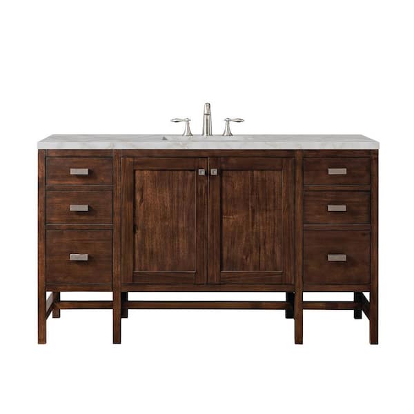 James Martin Vanities Addison 60.0 in. W x 23.5 in. D x 35.5 in. H Single Vanity Mid-Century Acacia and Victorian Silver Quartz Top