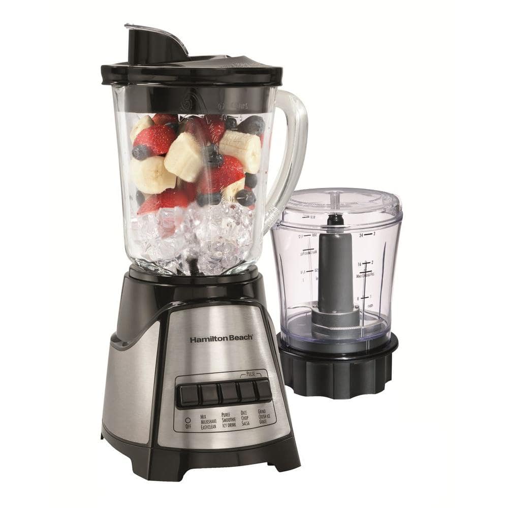 Hamilton Beach Power Elite Multi-Function Blender with Mess Free 40 oz. Glass Jar and 3-Cup Chopper  Mini Food Processor  700 Watts  Stainless Steel  58149