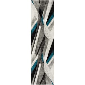 Hollywood Gray/Teal 2 ft. x 12 ft. Abstract Striped Runner Rug