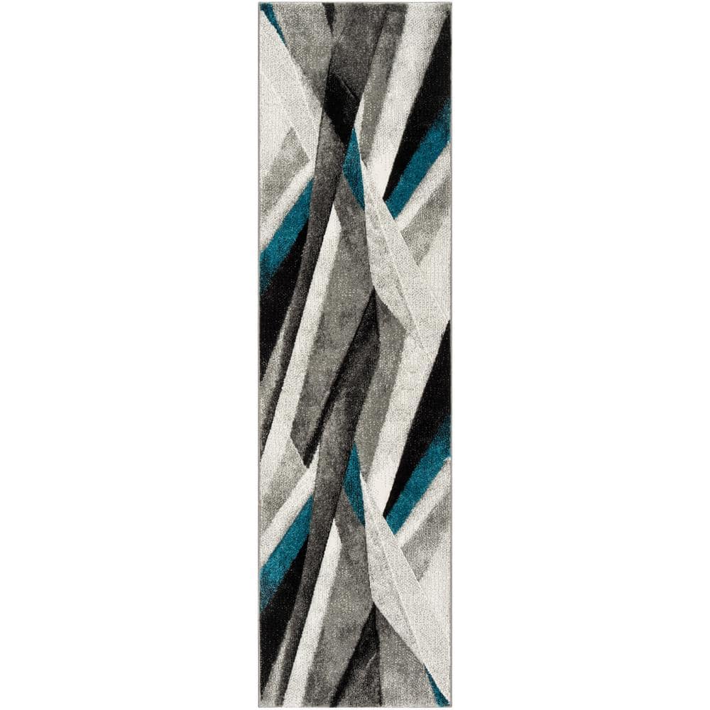 Gray and Teal Geometric Synthetic Runner Rug, 2'3" x 16'