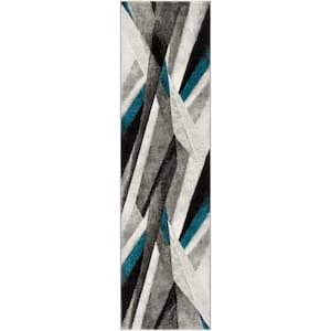 Hollywood Gray/Teal 2 ft. x 6 ft. Abstract Striped Runner Rug