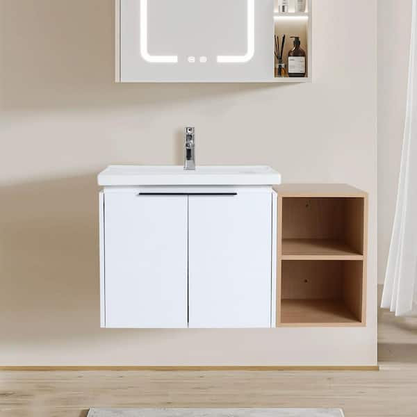 35.43 in. Wall-Mounted White Bath Vanity with White Ceramic Top Unassembled