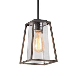 Modern Farmhouse Black Brown Pendant Light 1-Light Kitchen Island Hanging Light with Seeded Glass and Faux Wood Accents