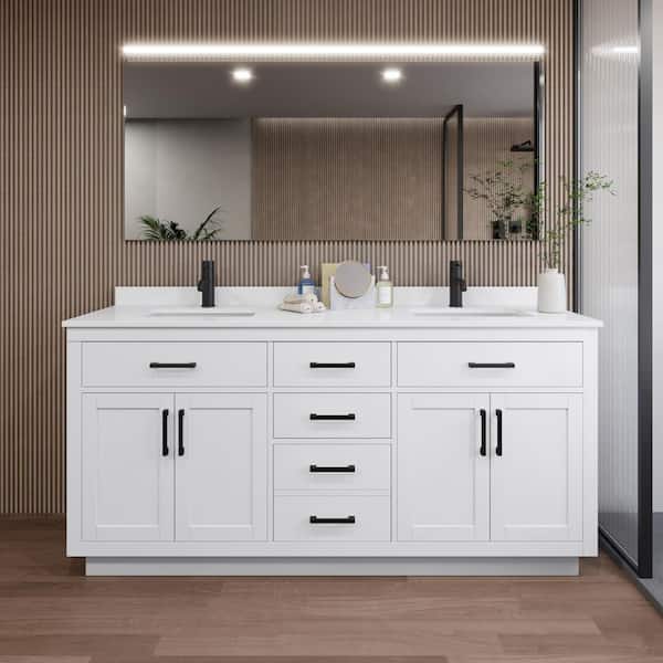 Wyndham Collection Beckett TK 72 in. W x 22 in. D x 35 in. H Double Sink Bath Vanity in White with Matte Black Trim White Quartz Top