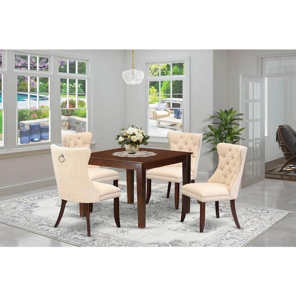 East West Furniture 5-Piece Mahogany Finish Solid Wood Top - Square Upholstered Dining Room Set - Seats 4