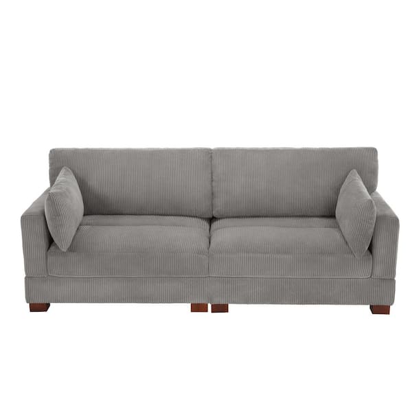 Uixe 84.6 in. Modern Square Arm Corduroy Fabric Upholstered Rectangle 2-Seater Sofa in. Light Gray With Two Pillows