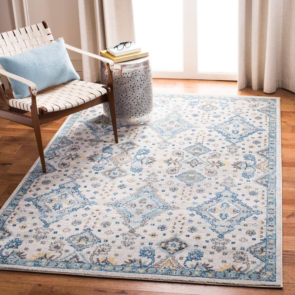 Ivory and Light Blue Floral High Pile Synthetic Rug