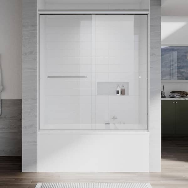 UKD07N 56 to 60 in. W x 60 in. H Double Sliding Semi-Frameless Tub Door in Brushed Nickel, with 1/4 in. SGCC Clear Glass