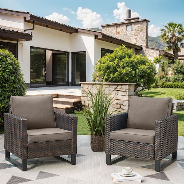 Bellefurn UvaNest 2-Piece Brown Wicker Outdoor Lounge Chair with Deep Seating and Gray Cushions Patio Club Arm Chair Set