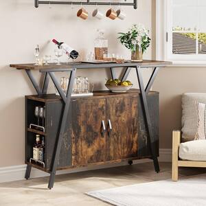 47.24 in. Rustic Brown Bar Cabinet Sideboard with Geometric Frame, Double-Door design and Adjustable Shelves