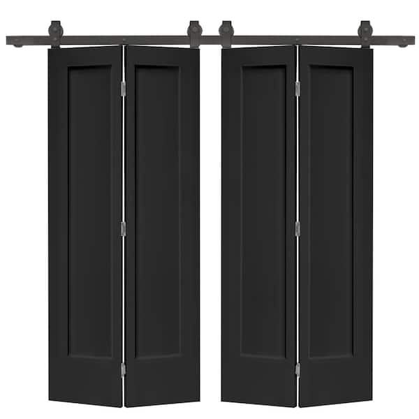 CALHOME 60 in. x 80 in. 1 Panel Shaker Black Painted MDF Composite Double Bi-Fold Barn Door with Sliding Hardware Kit