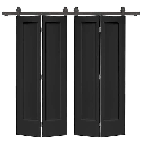 CALHOME 72 in. x 80 in. Hollow Core 1-Panel Black MDF Composite Double Bi-Fold Barn Doors with Sliding Hardware Kit