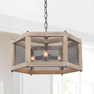 3-Light Farmhouse Solid Wood Cage Lantern Chandelier