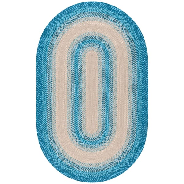 Braided Blue/Beige 8 ft. x 10 ft. Machine Washable Border Solid Color Interlace Oval Area Rug