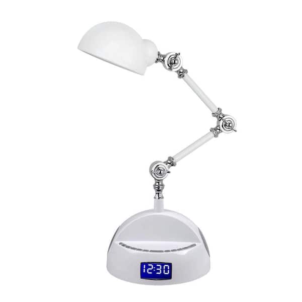 LighTunes 24 in. White Bluetooth Adjustable Robot Speaker Desk Lamp with Alarm Clock, FM Radio, and USB Charging Port