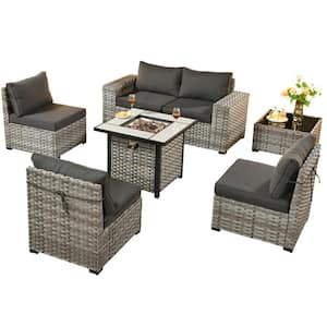 Metis 7-Piece Wicker Outdoor Patio Fire Pit Conversation Sectional Sofa Set and with Black Cushions