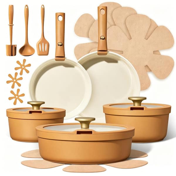 20-Piece Orange Ceramic Cookware Set with Detachable Handles Pots and Pans Set Induction and Dishwasher Safe, Non-toxic