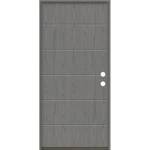 TETON Modern 36 in. x 80 in. Left-Hand/Inswing 6-Grid Solid Panel Malibu Grey Stain Fiberglass Prehung Front Door