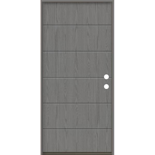 Krosswood Doors TETON Modern 36 in. x 80 in. Left-Hand/Inswing 6-Grid Solid Panel Malibu Grey Stain Fiberglass Prehung Front Door