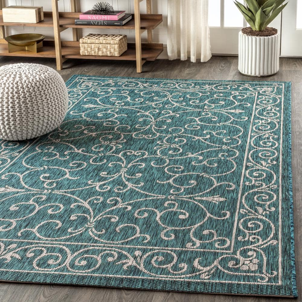 Teal & Gray Vintage Boho-Chic Filigree 9'x12' Indoor/Outdoor Rug
