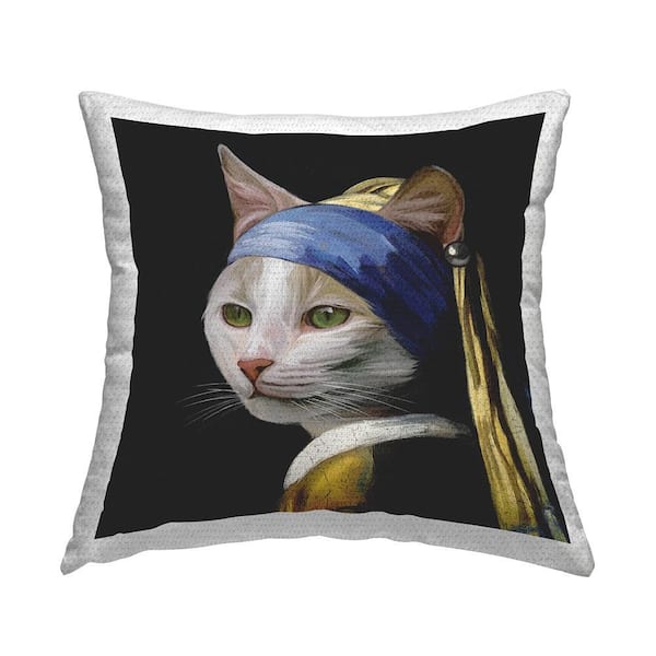 Funny Cat Classic Portrait Black Square Outdoor Throw Pillow