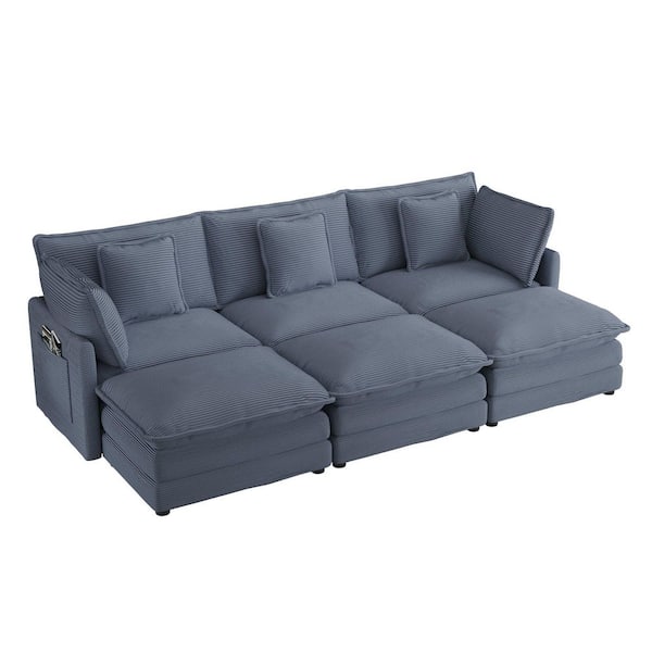 Qualler 112.6 in. Corduroy Upholstered Modular Sectional Sofa in. Blue with Movable Ottomans