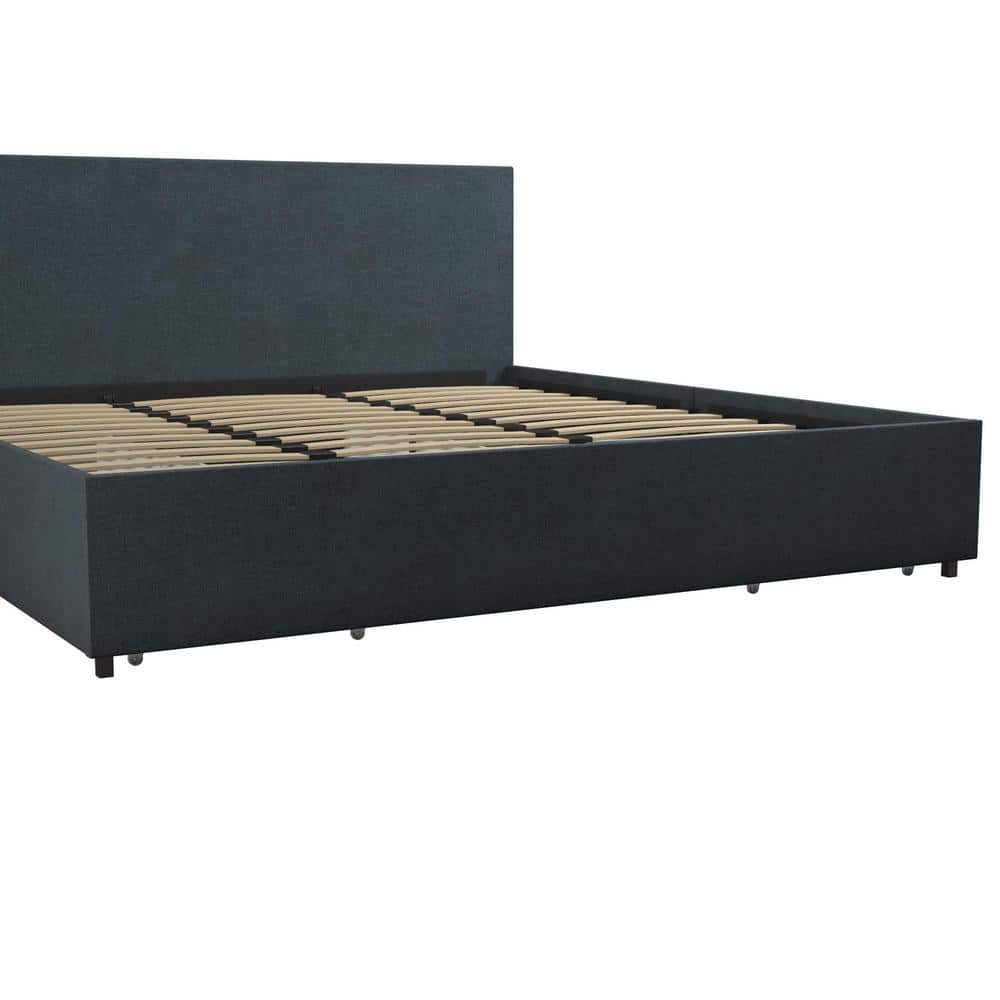 Navy Blue King Linen Upholstered Storage Bed with Tufted Headboard