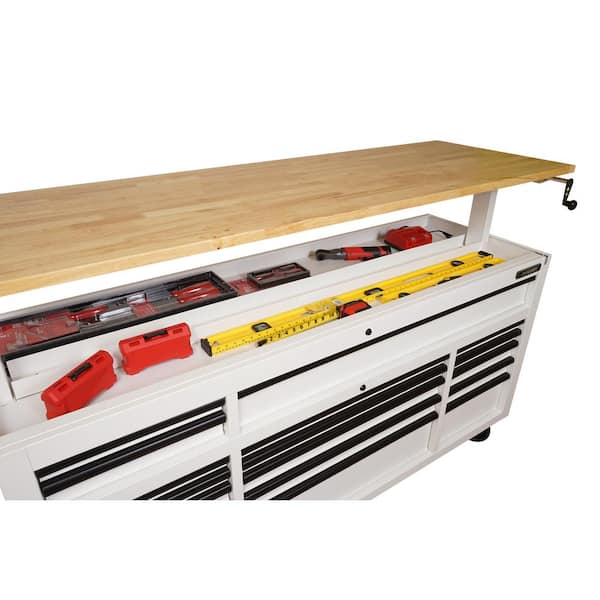Husky Tool Storage 72 in. W Heavy Duty Matte White Mobile Workbench Cabinet  with Adjustable Height Wood Top HOLC7218BT1M - The Home Depot