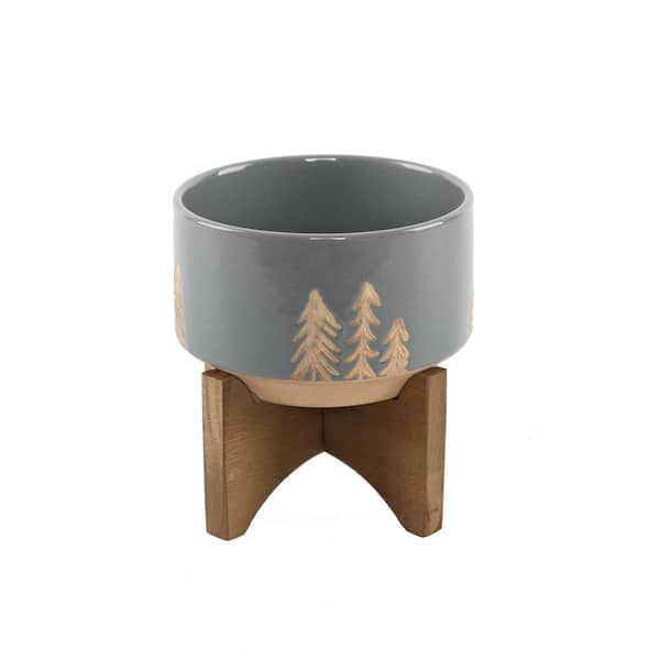 Flora Bunda 4 in. Gray Ceramic Christmas Trees Textured Planter on Wood Stand