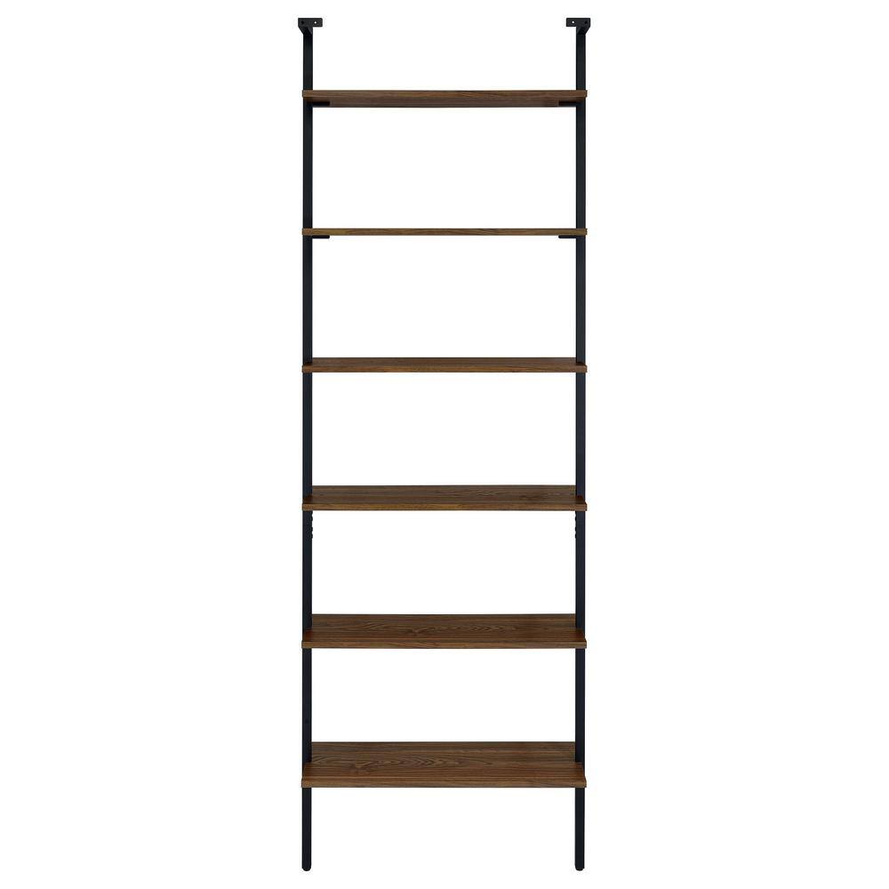 Walnut and Black 31-Inch 6-Shelf Wall Bookshelf