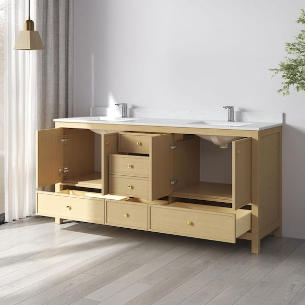 Origo 72 in. W x 22 in. D x 35 in. H Double Sink Freestanding Bath Vanity in Oak with Calacatta Cultured Marble Top