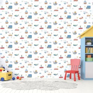 Tiny Tots 2 Collection Blue/Orange/Red Matte Kids Transportation Design Non-Pasted Non-Woven Paper Wallpaper Roll