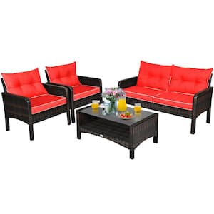4-Piece Wicker Patio Conversation Sectional Seating Set Outdoor Patio Rattan Furniture Set With Red Cushions