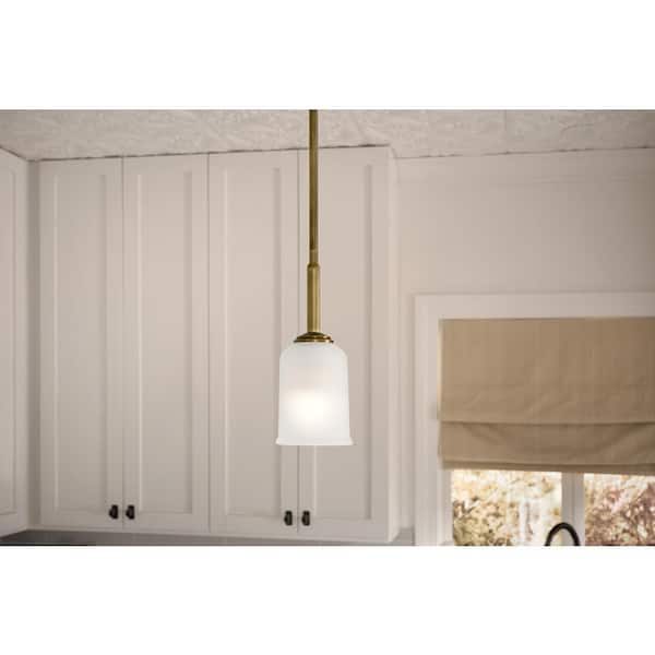 KICHLER Shailene 1-Light Natural Brass Transitional Shaded Kitchen Hanging Mini Pendant Light with Satin Etched Glass