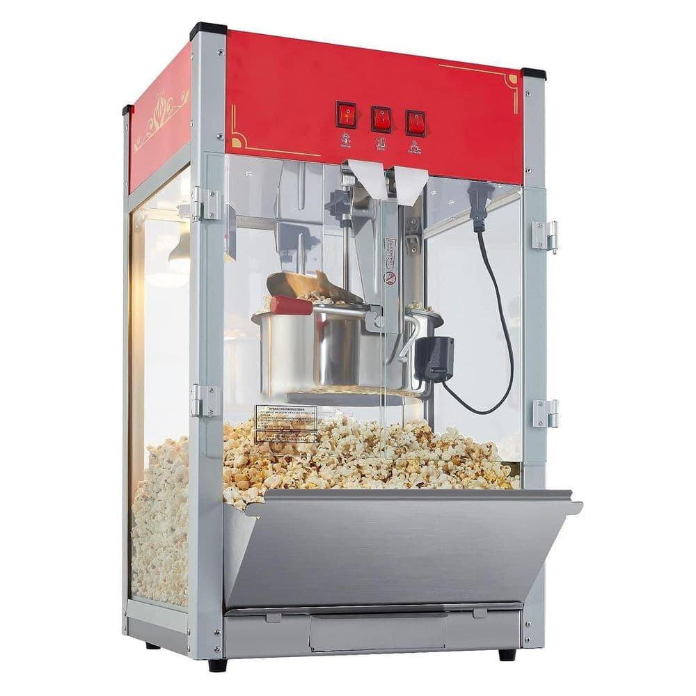 1440W 12oz. Silver/Red Countertop Popcorn Machine with 3-Switch Steel Frame Tempered Glass Doors 1 Scoop 2 Spoons