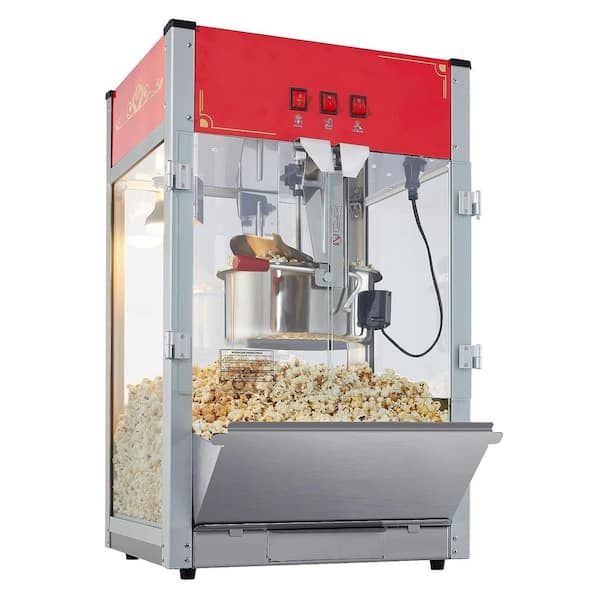 Aoibox 1440W 12oz. Silver/Red Countertop Popcorn Machine with 3-Switch Steel Frame Tempered Glass Doors 1 Scoop 2 Spoons