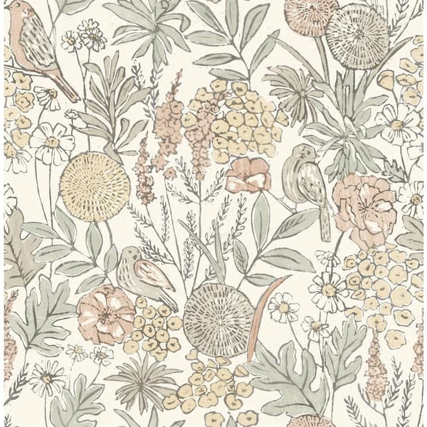 Goldfinch Peach Beige Birds and Blooms Wallpaper