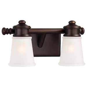 2-Light Dark Brushed Bronze Vanity Light with Etched White Glass