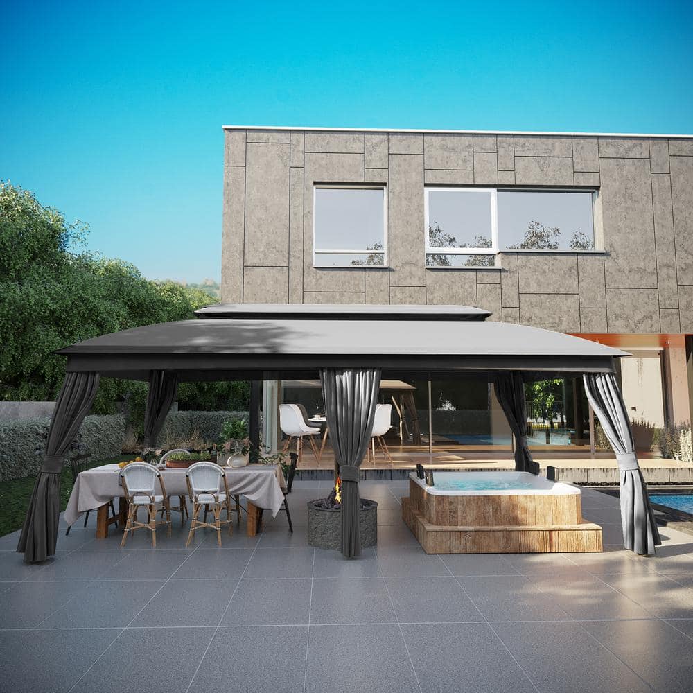 Gray Metal Patio Gazebo with Vented Roof and Curtains
