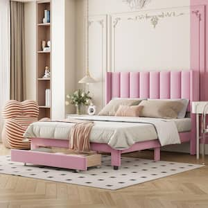 Pink Wood Frame Full Velvet Upholstered Platform Bed with a Big Drawer